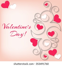 Valentine's Day card. Hearts with ornament and words. Valentine's Day background, greeting card, poster, banner. Vector illustration.

