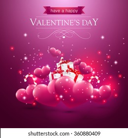 Valentines day card with hearts presents and sparkles on purple background.