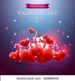 Valentines day card with hearts presents and sparkles on blue background.