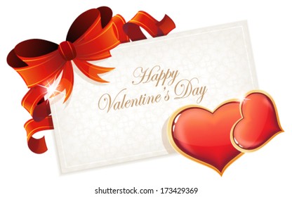 Valentine's Day card with hearts and red bow on white background