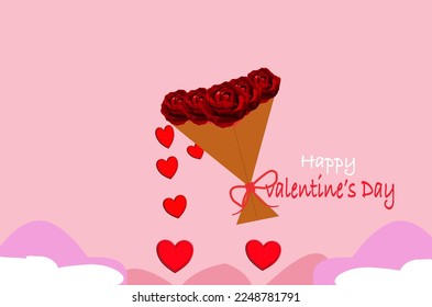 valentines day card with hearts and red rose , vector illustration