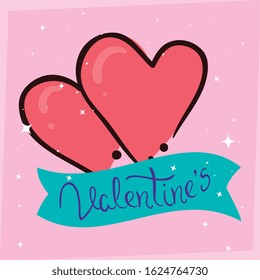 valentines day card with hearts and ribbon vector illustration design