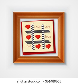 Valentines day card with hearts and words of love in wooden frame. EPS 10