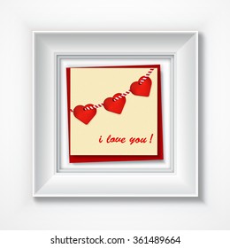 Valentines day card with hearts and words of love in white frame. EPS 10