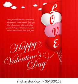 Valentines day card with hearts and words of love on red background. EPS 10