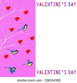 valentine's day card. hearts,brunch and birds on a rose background with snowflakes, vector