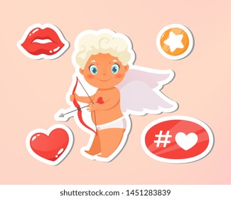 Valentines Day card. Holiday, event, festive letter. Beautiful happy cupid flying in clouds. Blonde angel holding arrow with bow. Love hashtag. Vector illustration. Isolated on bright pink background