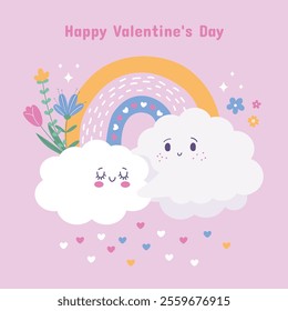 Valentine's Day card with hugging clouds a rainbow and hearts on a pink background