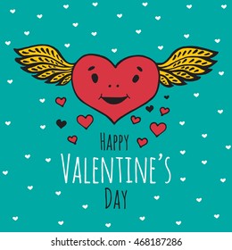 Valentines Day card with illustrated Heart with wings. Vector illustrated colorful smiling heart with wings on blue background.