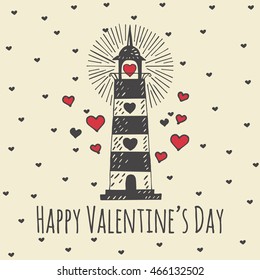 Valentines Day card with illustrated lighthouse. Vector illustrated colorful lighthouse with heart on beige background.