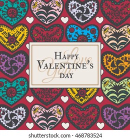 Valentines Day card with illustrated ornamental Heart. Vector illustrated ornamental heart on red background.