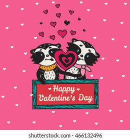 Valentines Day card with illustrated raccoon couple licking heart lollipop. Vector illustrated colorful raccoon couple on pink background.