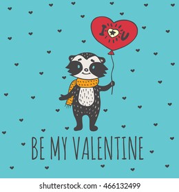 Valentines Day card with illustrated raccoon with balloon-heart. Vector illustrated colorful raccoon with balloon on blue background.