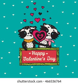 Valentines Day card with illustrated raccoon couple licking heart lollipop. Vector illustrated colorful raccoon couple on blue background.