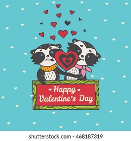 Valentines Day card with illustrated raccoon couple licking heart lollipop. Vector illustrated colorful raccoon couple on blue background.