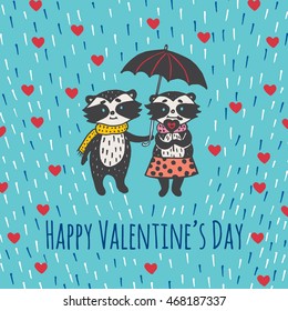Valentines Day card with illustrated raccoon couple under umbrella. Vector illustrated colorful raccoon couple with umbrella on blue background.