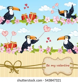  Valentines day card  Illustration of bird couples in love .Toucan bird .
