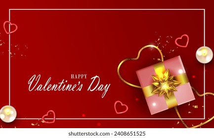 Valentine's day card, illustration with gift box with shiny gold bow, silhouette of abstract hearts.