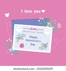Valentine's Day card with an illustration of a greeting card with flowers on a pink background