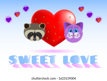 Valentine's day card with the image of a heart-berry, raccoon and cat and the inscription sweet love EPS10