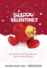 Valentines Day card or invitation with 3d hearts and gift on red background