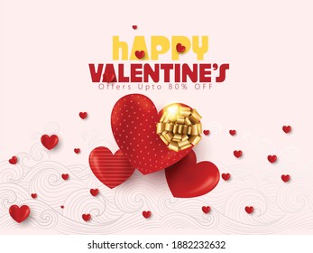 Valentines Day card or invitation with 3d hearts and gift on red background