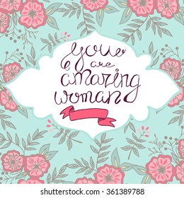 Valentine's day card or invitation design with flowers, leaves and handlettering, vector illustration