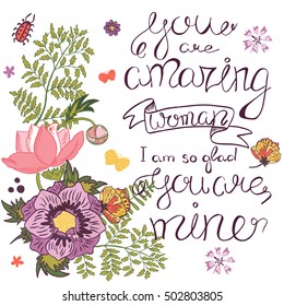 Valentine's day card or invitation design with flowers, leaves, butterflies and hand lettering, vector illustration