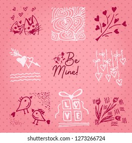 Valentines day card or invitation whit motivation text Be Mine. Wedding concept Greeting card, poster, banner, design element. Love pink background. Vector illustration.
