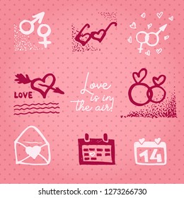 Valentines day card or invitation whit motivation text Love is in the air. Wedding concept Greeting card, poster, banner, design element. Love pink background. Vector illustration.