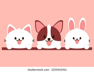 Valentine's day card with Kawaii Animal. Cat, Dog and Rabbit cartoon vector collection. Animal wildlife character. Valentine's day illustration.