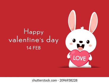 Valentine's day card with Kawaii bunny. Rabbit cartoon vector collection. Animal wildlife character. Small lovely rabbit holds love heart. Valentine's day illustration.