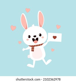 Valentine's day card with Kawaii bunny. Rabbit cartoon vector collection. Animal wildlife character. Small lovely rabbit holds love heart. Valentine's day illustration.