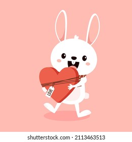 Valentine's day card with Kawaii bunny. Rabbit cartoon vector collection. Animal wildlife character. Small lovely rabbit holds love heart. Valentine's day illustration.