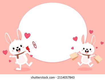 Valentine's day card with Kawaii bunny. Rabbit cartoon vector collection. Small lovely rabbit holds love heart. Valentine's day illustration. Valentine's label. free space for text.