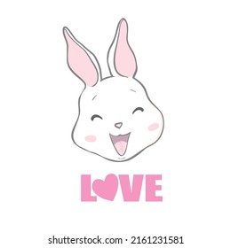 Valentine's day card with Kawaii bunny.  Animal wildlife character. Small lovely rabbit holds love heart. Valentine's day illustration.