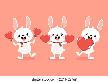 Valentine's day card with Kawaii bunny. Rabbit cartoon vector collection. Animal wildlife character. Small lovely rabbit holds love heart. Valentine's day illustration.