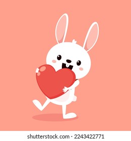 Valentine's day card with Kawaii bunny. Rabbit cartoon vector collection. Animal wildlife character. Small lovely rabbit holds love heart. Valentine's day illustration.