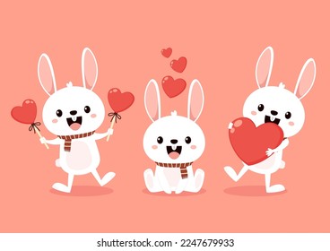 Tarjeta de San Valentín con conejo Kawaii. Colección vectorial de dibujos animados de conejo. Carácter animal de vida salvaje. Pequeño conejo adorable alberga el corazón del amor. Ilustración de San Valentín.