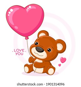 Valentine's day card in kawaii style. Cute little bear with heart shaped balloon, inscription Love you. Vector illustration EPS8