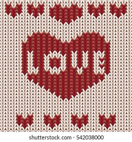 Valentines day card with knitted love heart, vector illustration