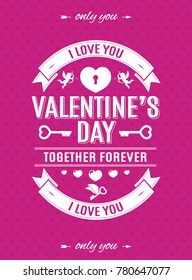 Valentines day card with label typography style and cupids on hearts background pink color for poster, banner sale, promotion, stamp, label, tag, decoration, romantic quote, party. Vector Illustration
