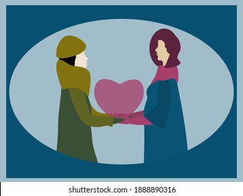 Valentine's Day card. Lesbian couple hold heart. Be my Valentine. Women in love. Retro style. Vector illustration