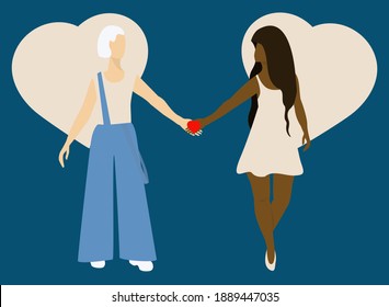 Valentine's Day card. Lesbian couple holding heart.  Women in love. Vector illustration