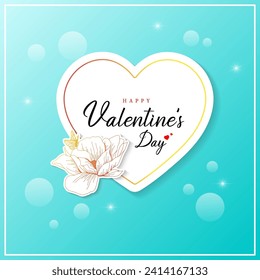 Valentine's Day Card with Light Blue Background. A White Heart Cradles a Pink Flower with a Yellow Center. 'HAPPY' Below and 'Valentine's Day' Above in Radiant Red Letters