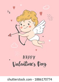 Valentines Day card with little Cupid. Vector Illustration.