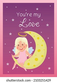 Valentine's Day card with little girl angel on the moon. Relationship, love, Valentine's day, romantic concept. Vector illustration for banner, poster, postcard, postcard.