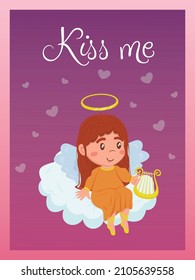 Valentine's Day card with little girl angel sitting on a cloud with a harp. Relationship, love, Valentine's day, romantic concept. Vector illustration for banner, poster, postcard, postcard.