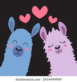 valentines day card with llamas and hearts, flat vector illustration of cartoon funny animals