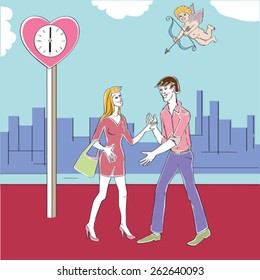 Valentine's Day card, Love Day cartoon illustration of two lovers meeting in the city and Cupid with bow